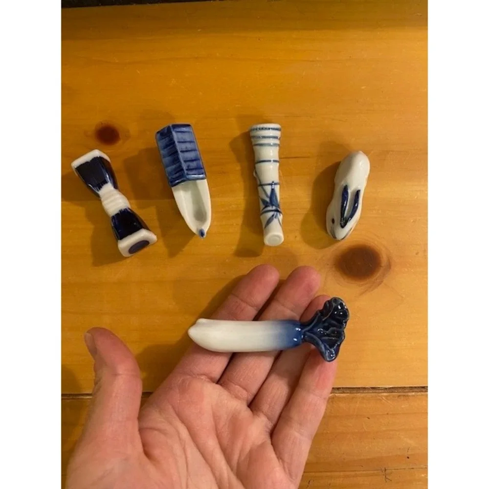 Vintage Chopstick Rest Set 5pc Blue White Porcelain Rabbit Radish Bamboo Boat